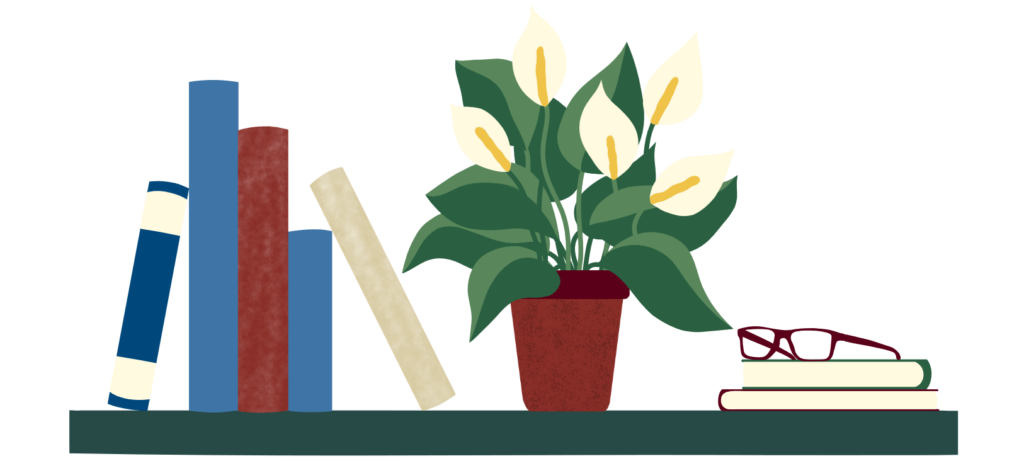 Marilee Eatough Editorial Logo - five books, a pot with a piece lily, and a stack of two books with glasses on top